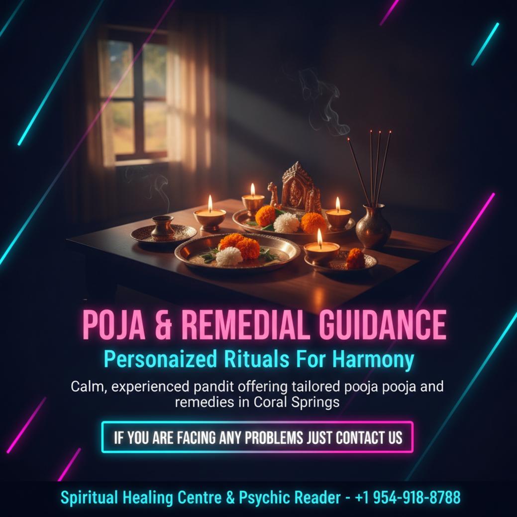 Indoor pooja setup with ritual items for pandit remedies Coral Springs FL