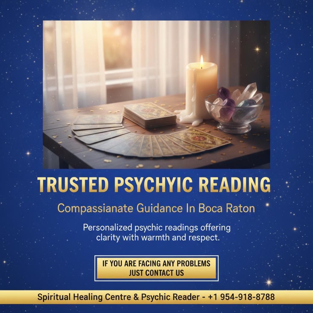 Calm setup for psychic reading with tarot cards and crystals in Boca Raton environment