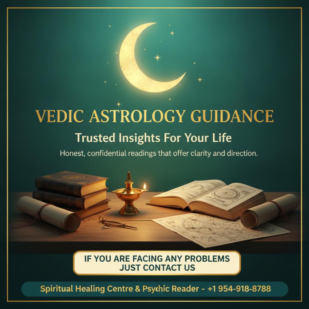 Vedic astrology charts and books on wooden table in Florida office