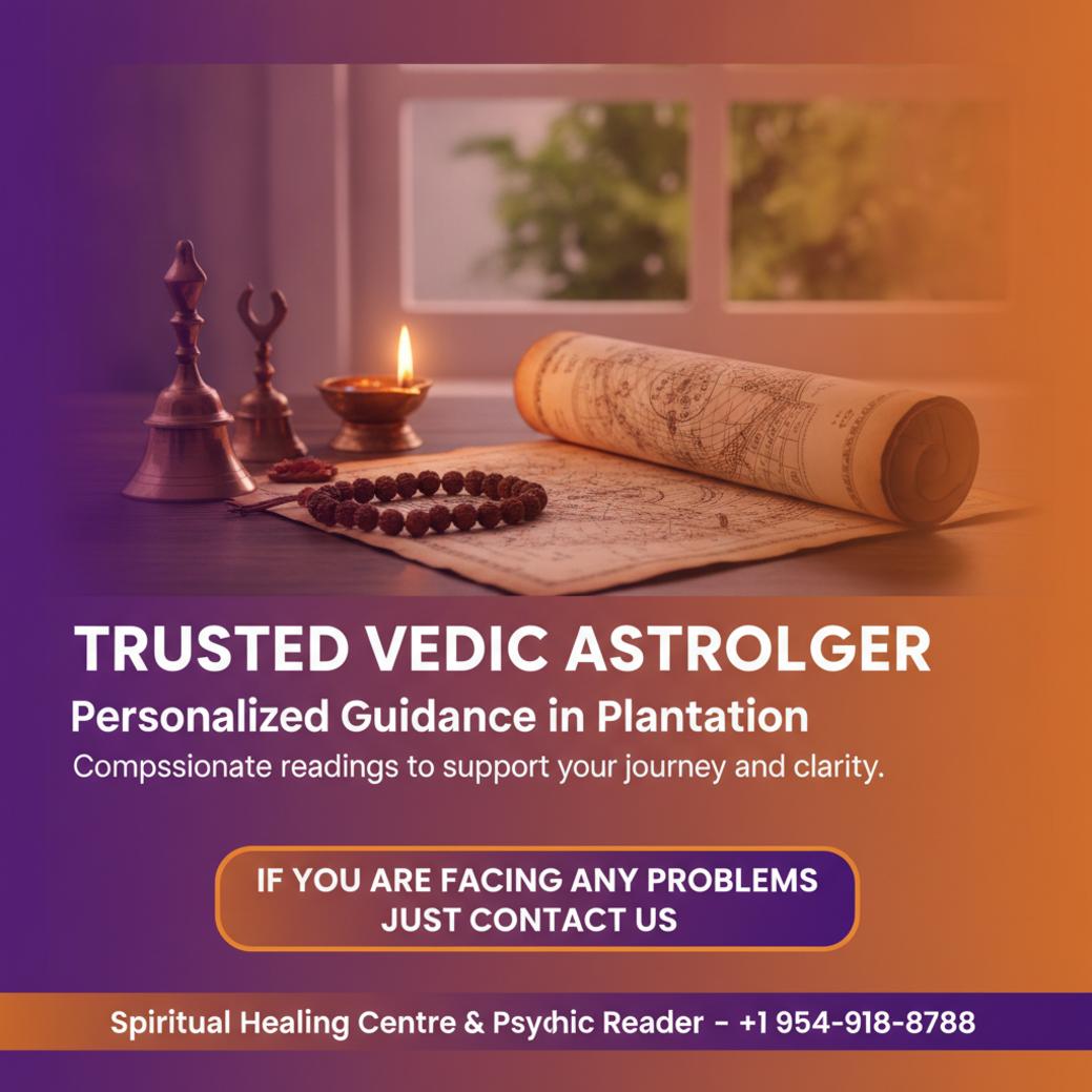 Vedic astrologer tools and birth chart setup in Plantation FL room