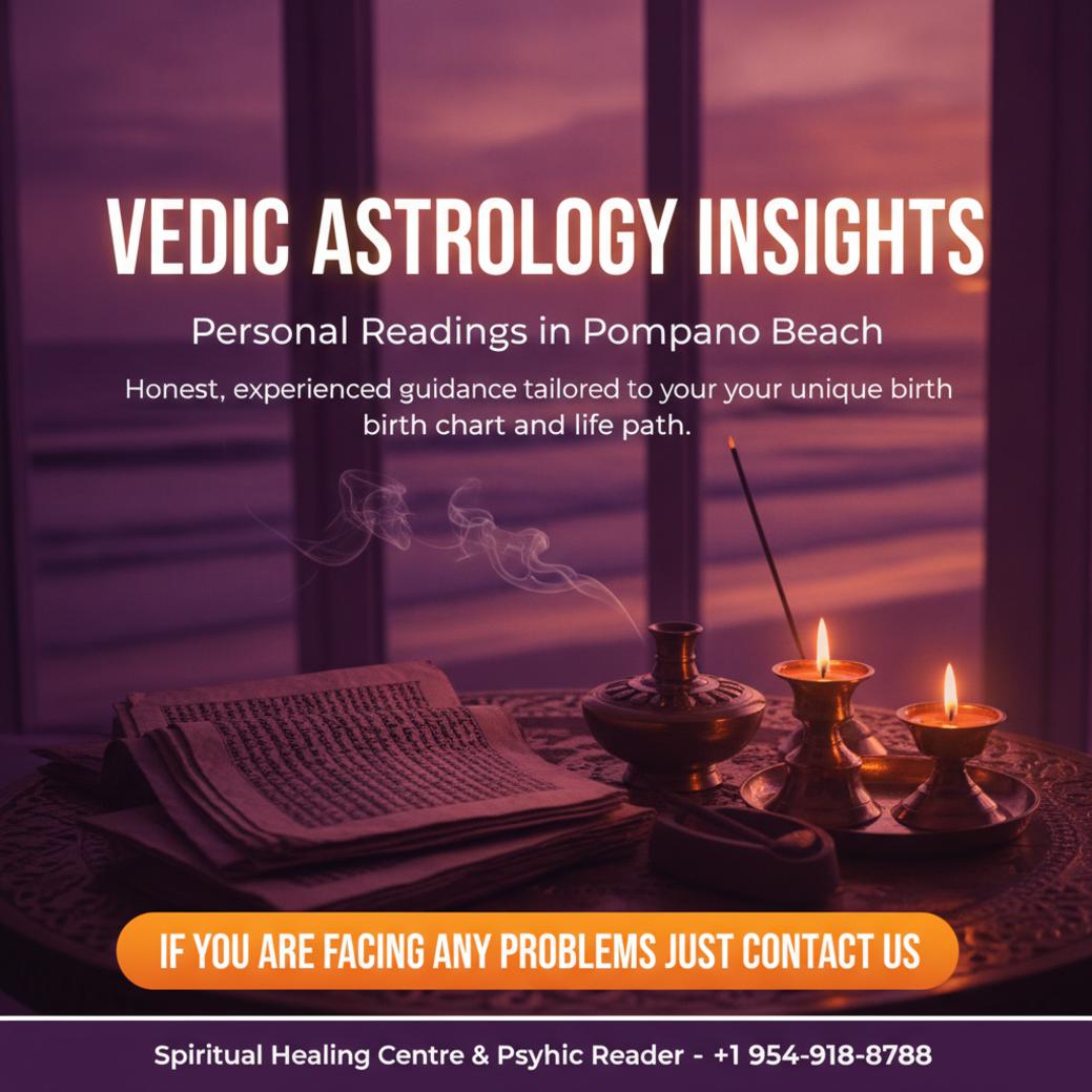Vedic astrologer tools and manuscripts near Pompano Beach coastline calm scene