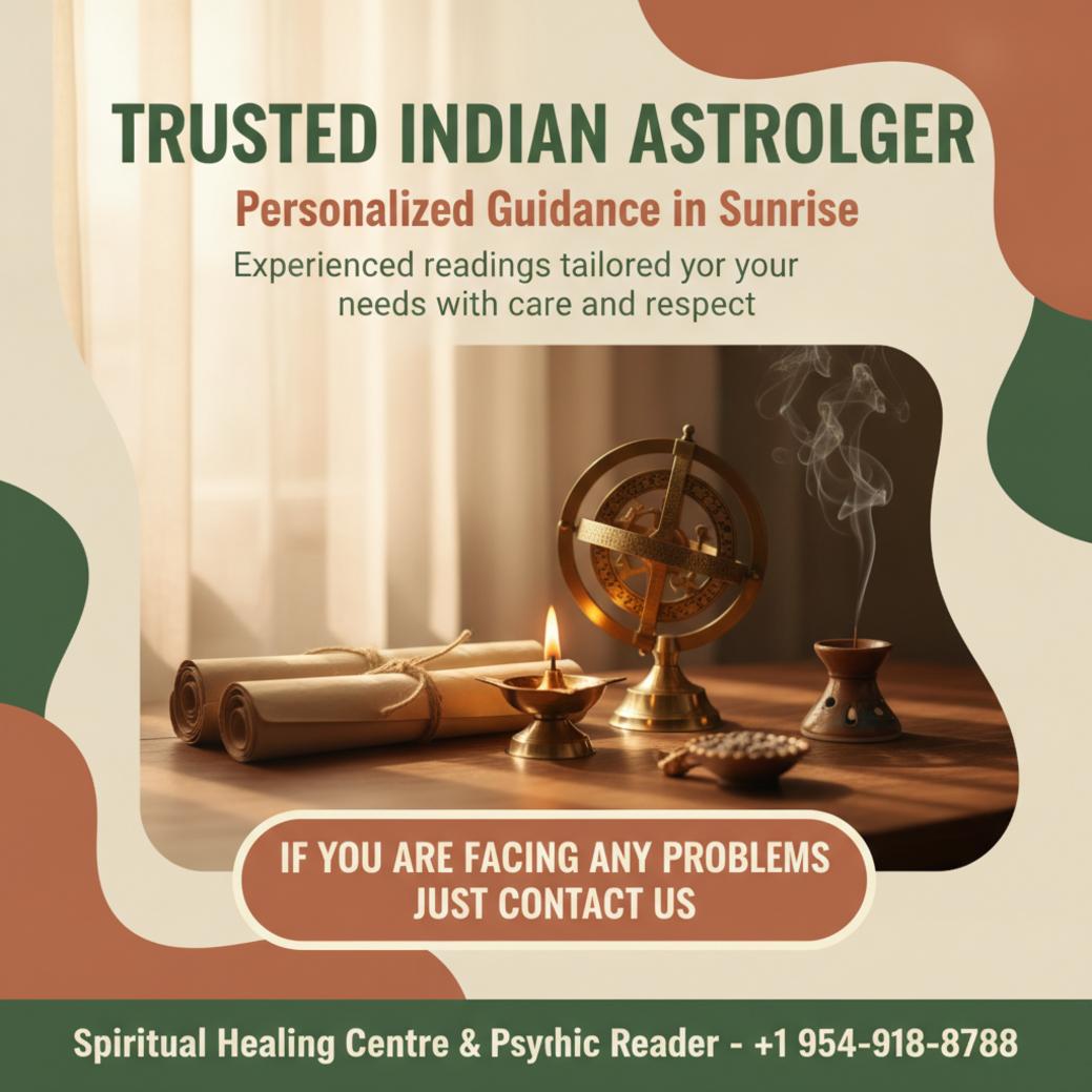 Traditional Vedic astrology tools on wooden table with soft lighting in Sunrise, FL